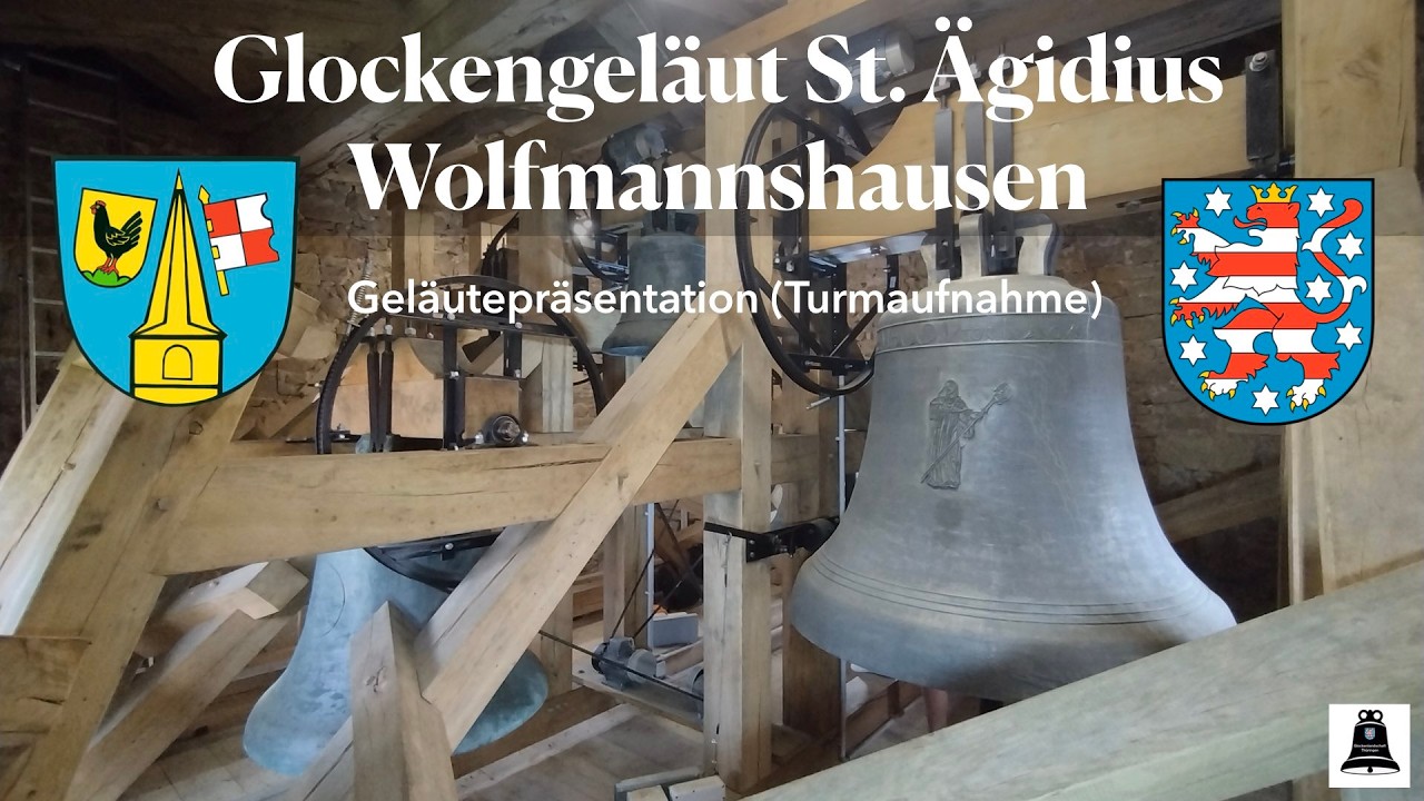 Wolfmannshausen (D), Die Glocken der kath. Kirche St. Ägidius, Geläutepräsentation (Turmaufnahme)
