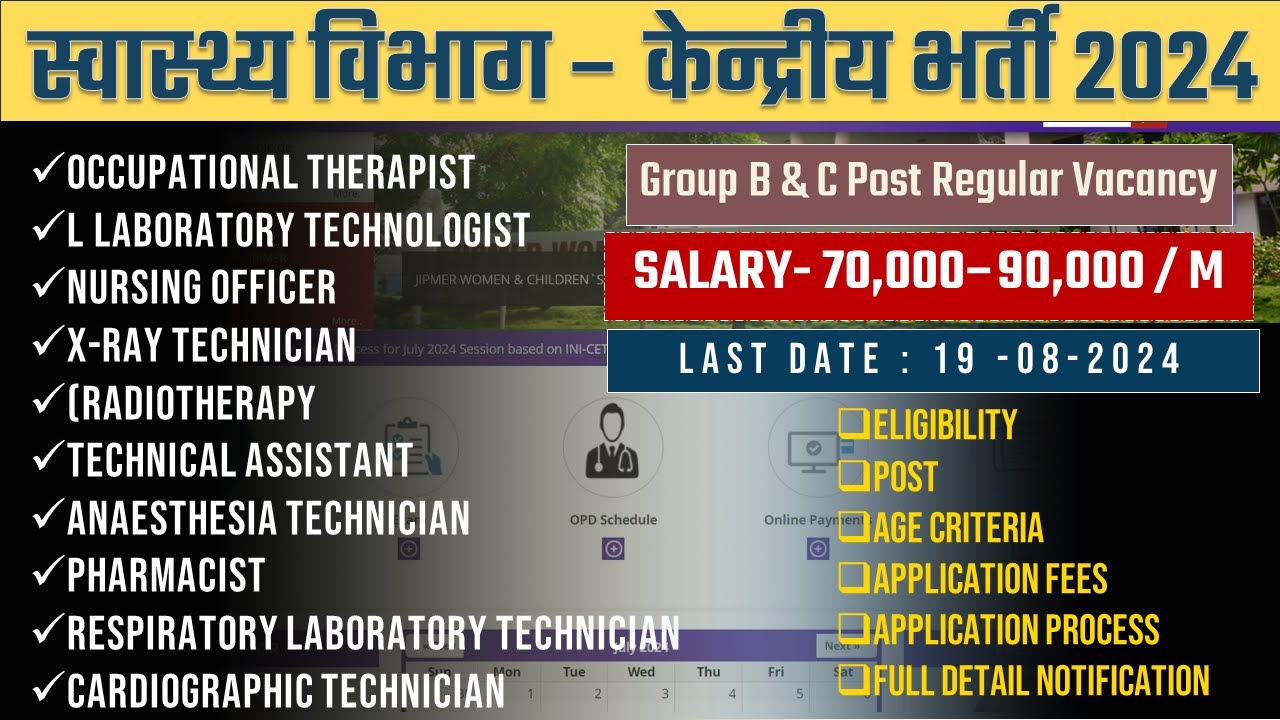 JIPMER Regular Vacancy 2024 | Medical Lab Technologist | Staff Nurse | Pharmacist | Radiographer..