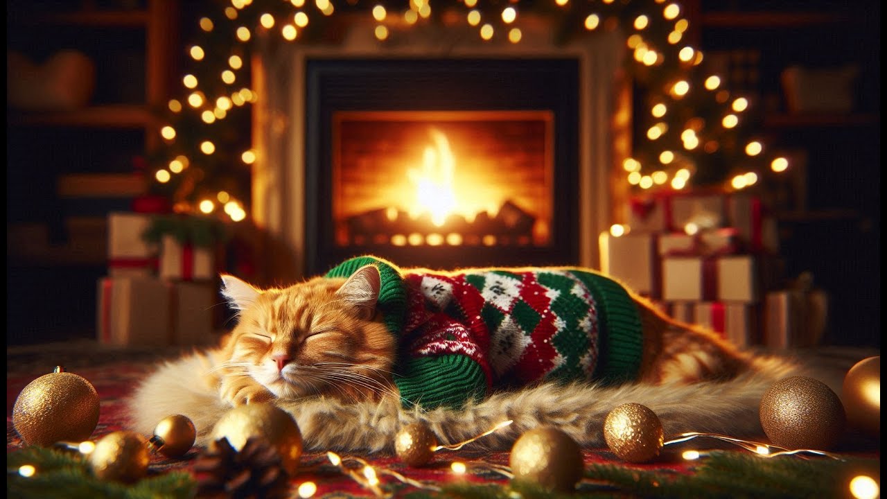 Cozy Christmas Cabin 🎄 Sleeping Ginger Cat by the Fireplace | 3 Hours of Purring & Crackling Fire