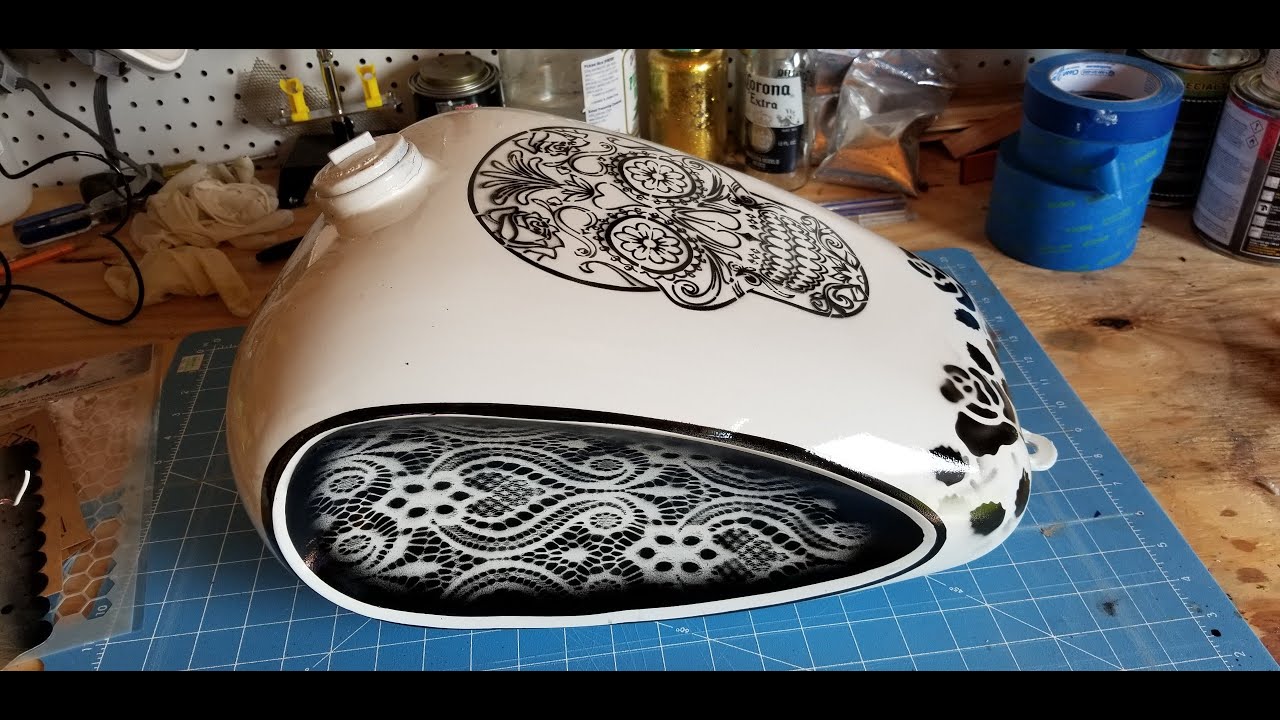 How to paint a Day of the dead and lace motorcycle Chopper tank.