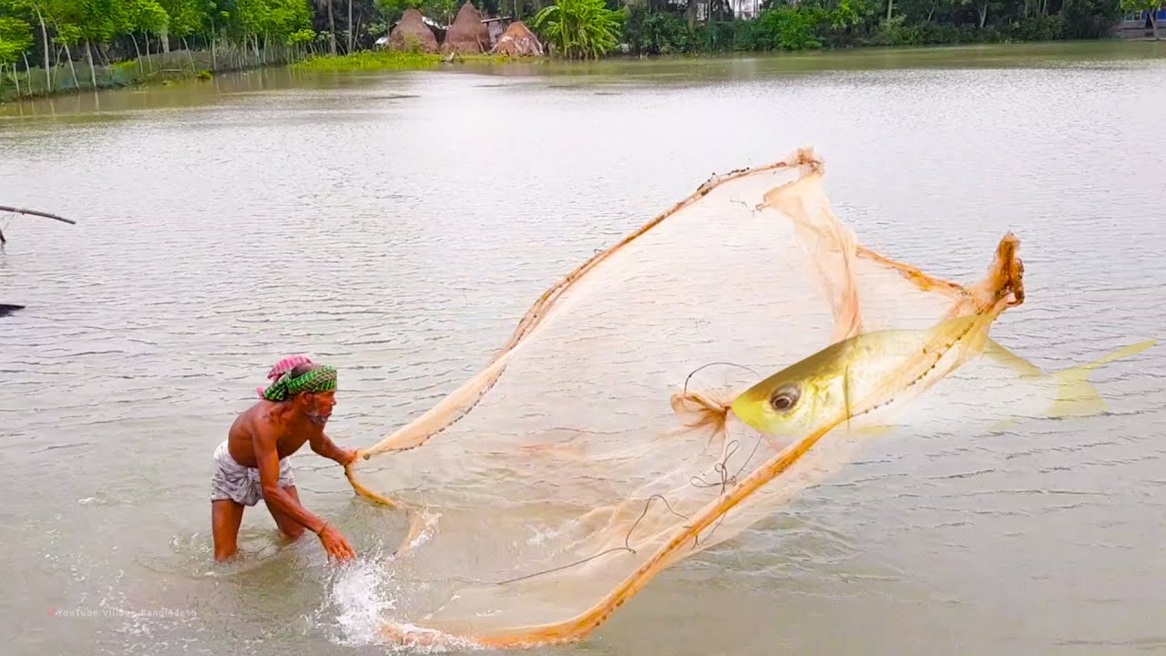 Amazing Net Fishing Video | Traditional Village Fishing By Hand in Flooding Water