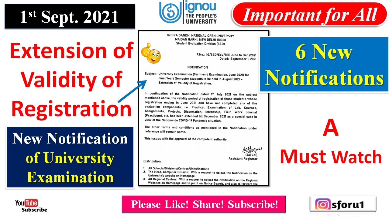 IGNOU Notification for the Extension of Validity of Registration | IGNOU Online Classes | New Notice