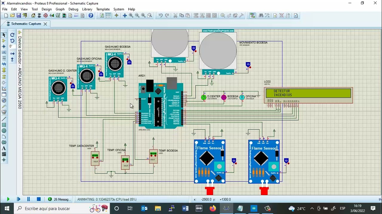 Arq Compu Secc B - Alarma contra Incendios (PROTEUS ARDUINO MQ4, LM35, FLAME  SENSOR, PIR)