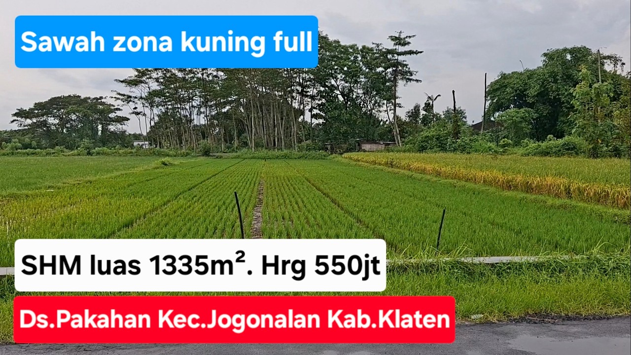 Sawah zona kuning full / zona pemukiman SHM luas 1335m² LD 18m.Lokasi Ds Pakahan, Jogonalan, Klaten