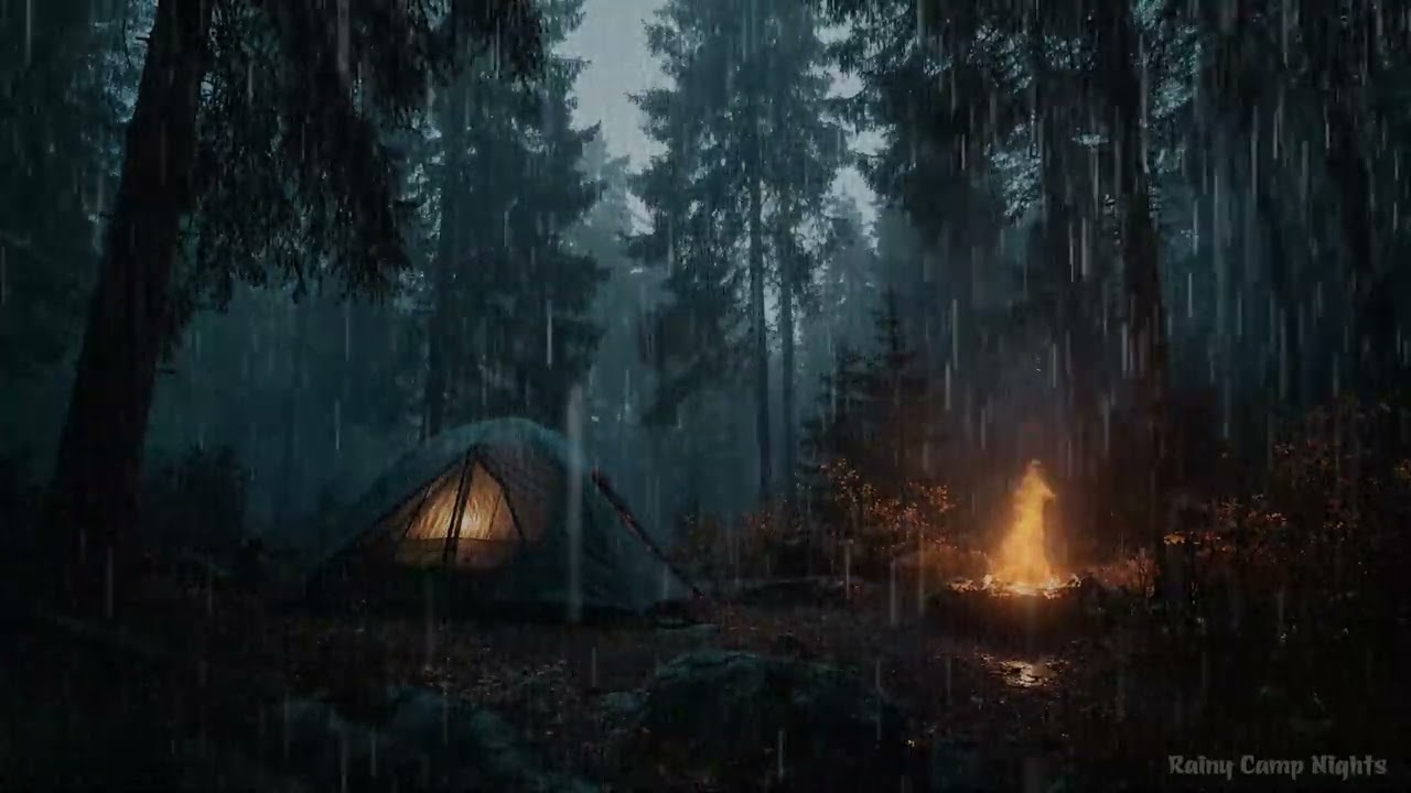 Regen prasselt auf das Zelt bei Nacht – Lagerfeuer und Waldklänge für Meditation und Ruhe