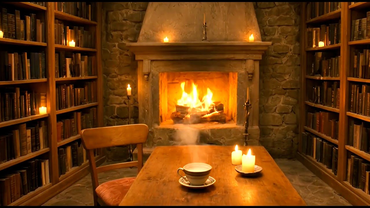 Cosy Rustic Library Ambience | Warm Fireplace & Quiet Evening Atmosphere | NO ADS