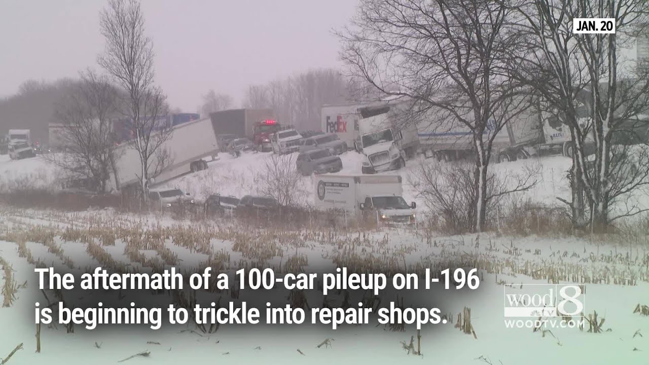 Cars trickle into West Michigan body shops after 100-car pile up