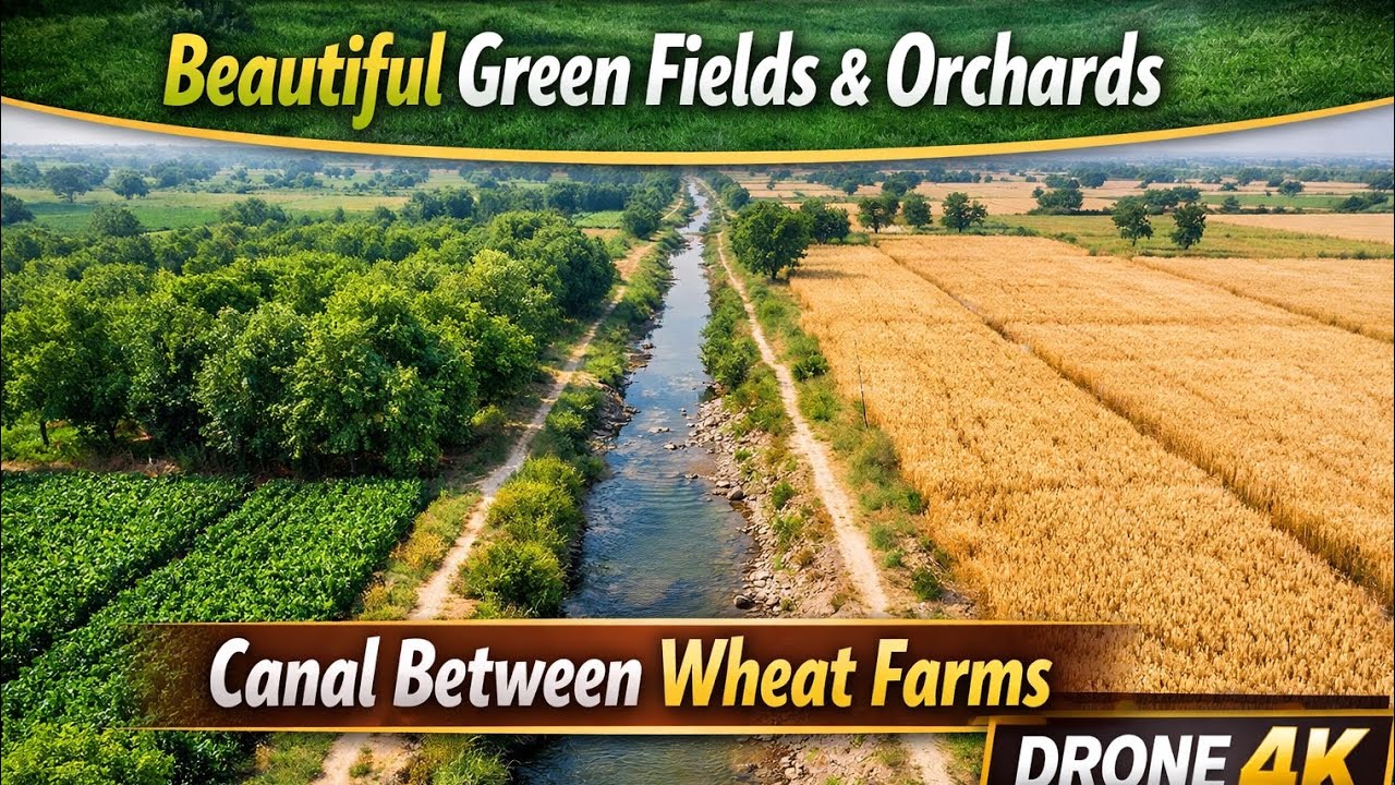 Beautiful Green Fields & Orchards Drone View | Canal Between Wheat Farms | Cinematic Nature 4K