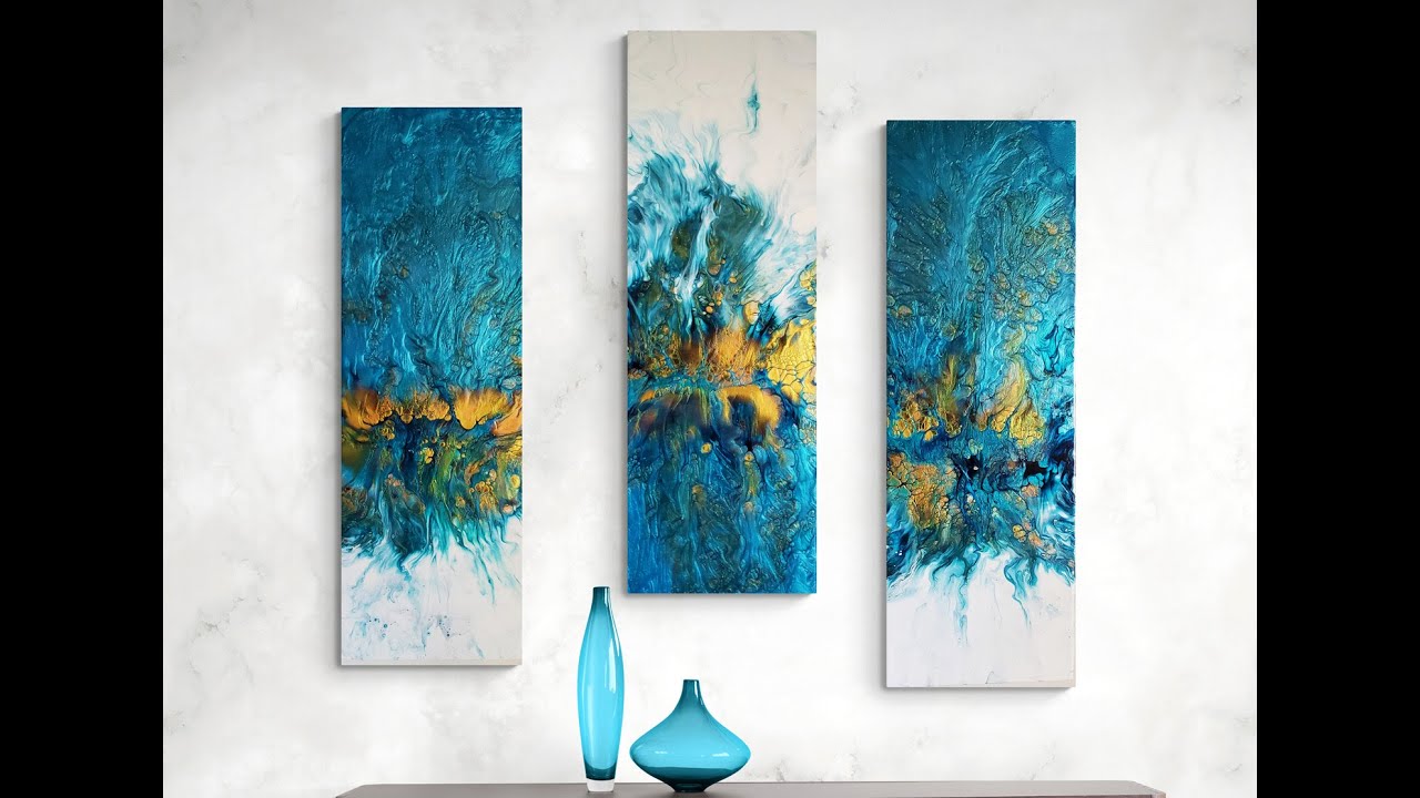 (553) Deep Turquoise Split Canvas Dutch Type Acrylic Pour Painting Triptych!