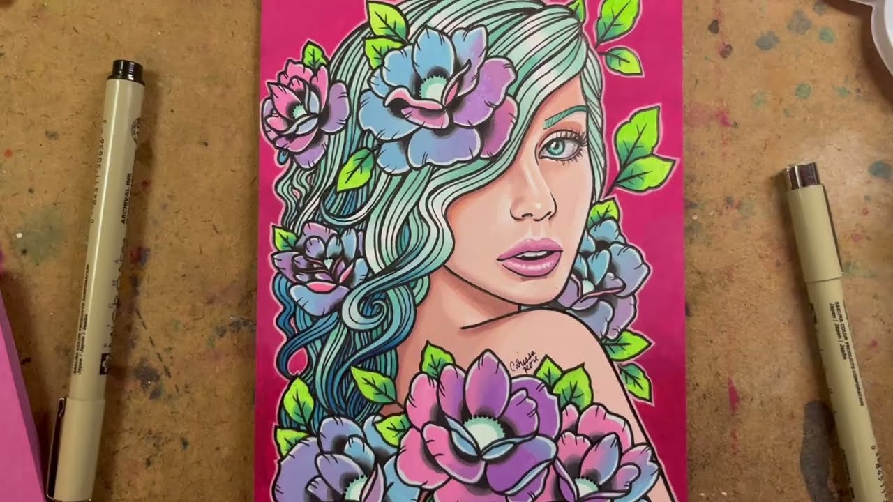 Blue and Green Haired Girl | Timelapse Portrait Painting | Gouache Paint with Micron Pens