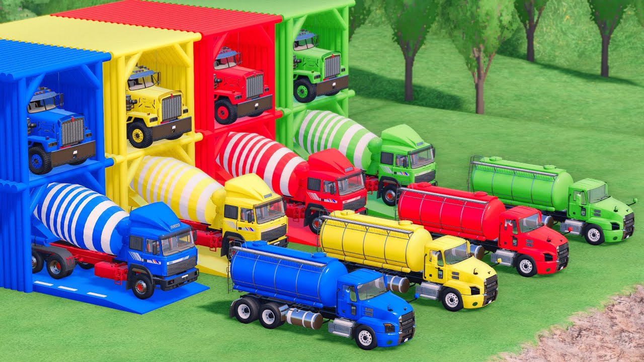 Trucks With COLORS - IVECO MIXER TRUCK and MACK TANKER TRUCK with KENWORTH FLATBED TRAILER TRUCK