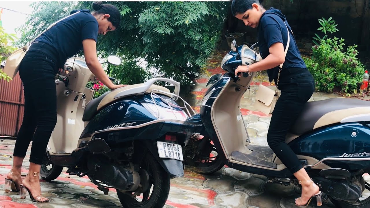 TVs Jupiter scooty cranked by beautyful Punjabi girl | kickstart girl @Punjabivlogg