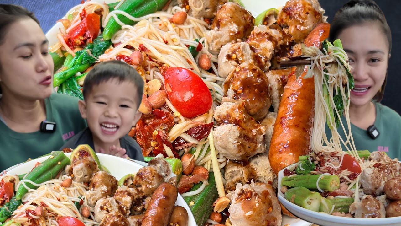 ตำซั่วผักรวม ลูกชิ้นนึ่งสมุนไพรหอม ๆ กินข้าวเที่ยงกับพี่อ้วนวันนี้พี่อ้วนไปเรียนแค่ครึ่งวัน
