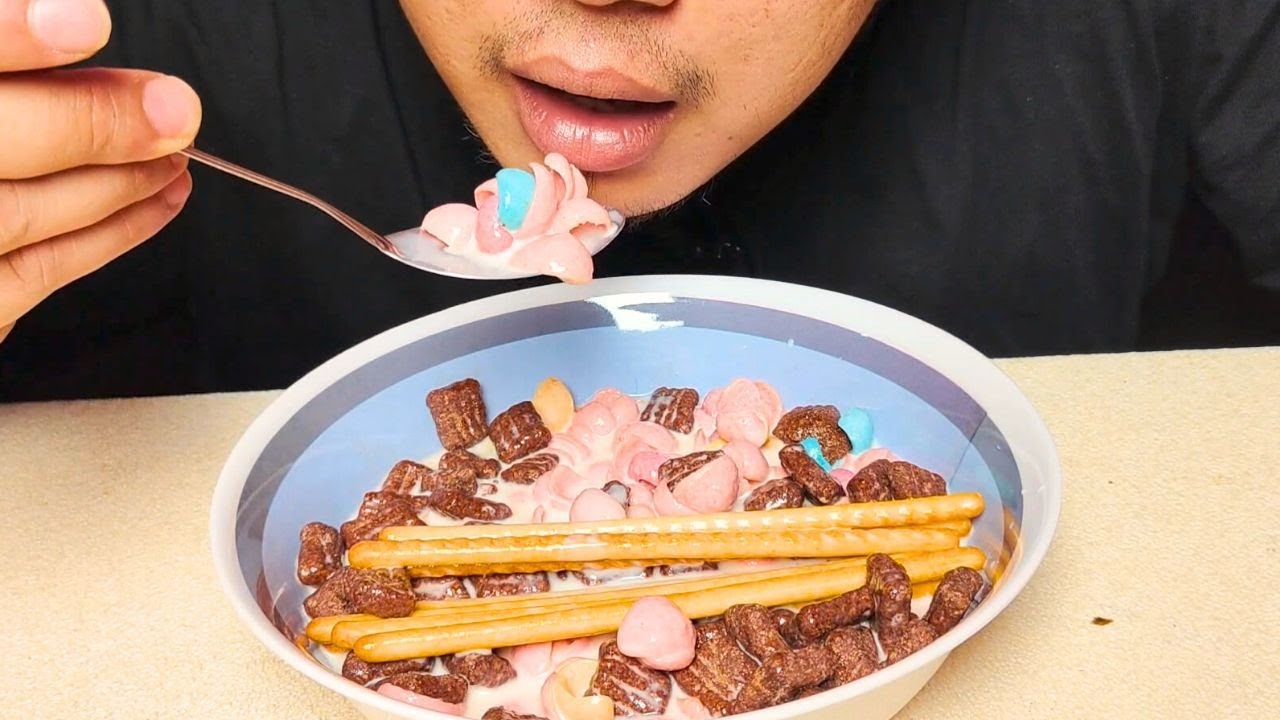 ASMR Eating Colorful Marshmallow Cereal with Crunchy Sticks