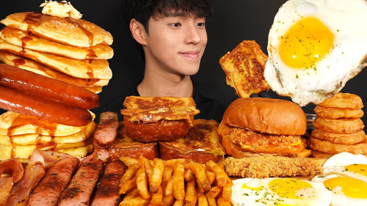 ASMR MUKBANG PANCAKES & FRENCH TOAST & CHICKEN BURGER & FRENCH FRIES & SAUSAGES & EGGS