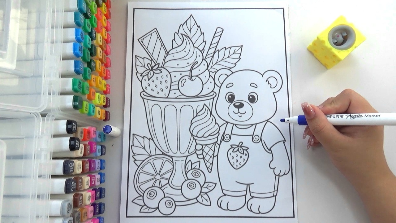 Satisfying Coloring with Acrylic Markers | Cute Bear & Ice Cream 🍦✨
