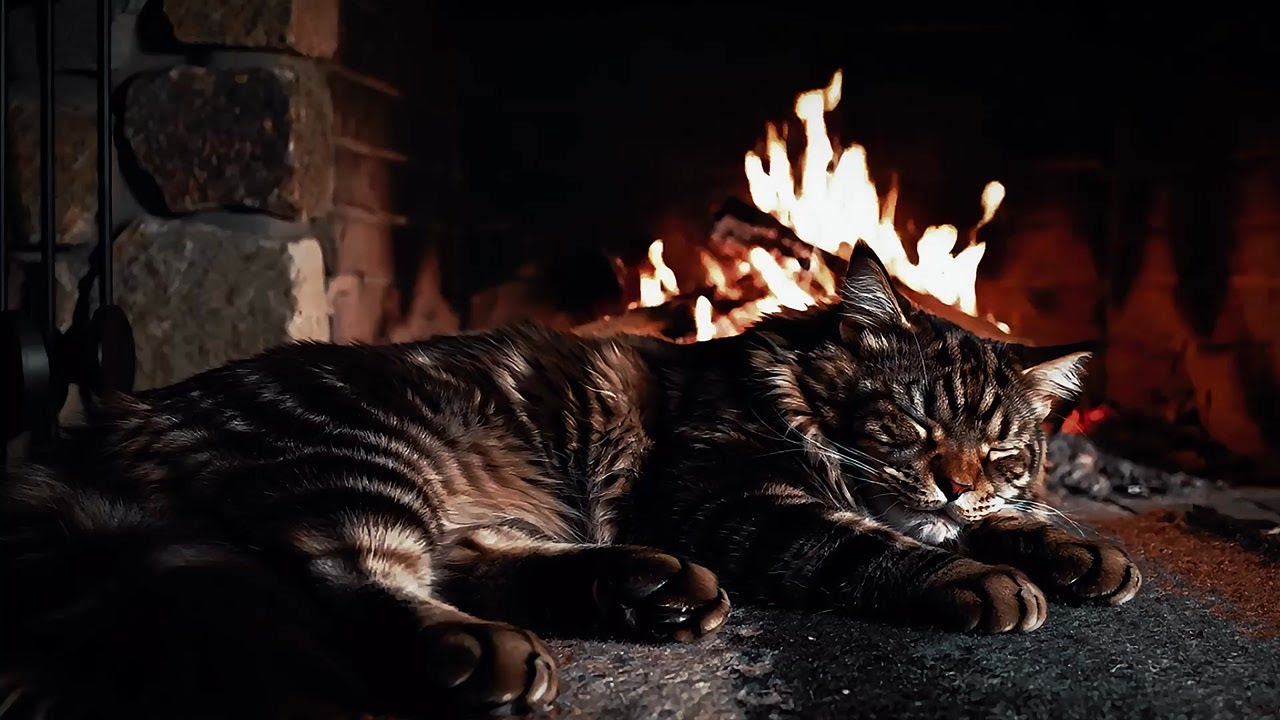 Cozy Room Fireplace | Sleep Cat & Relaxing Piano Music