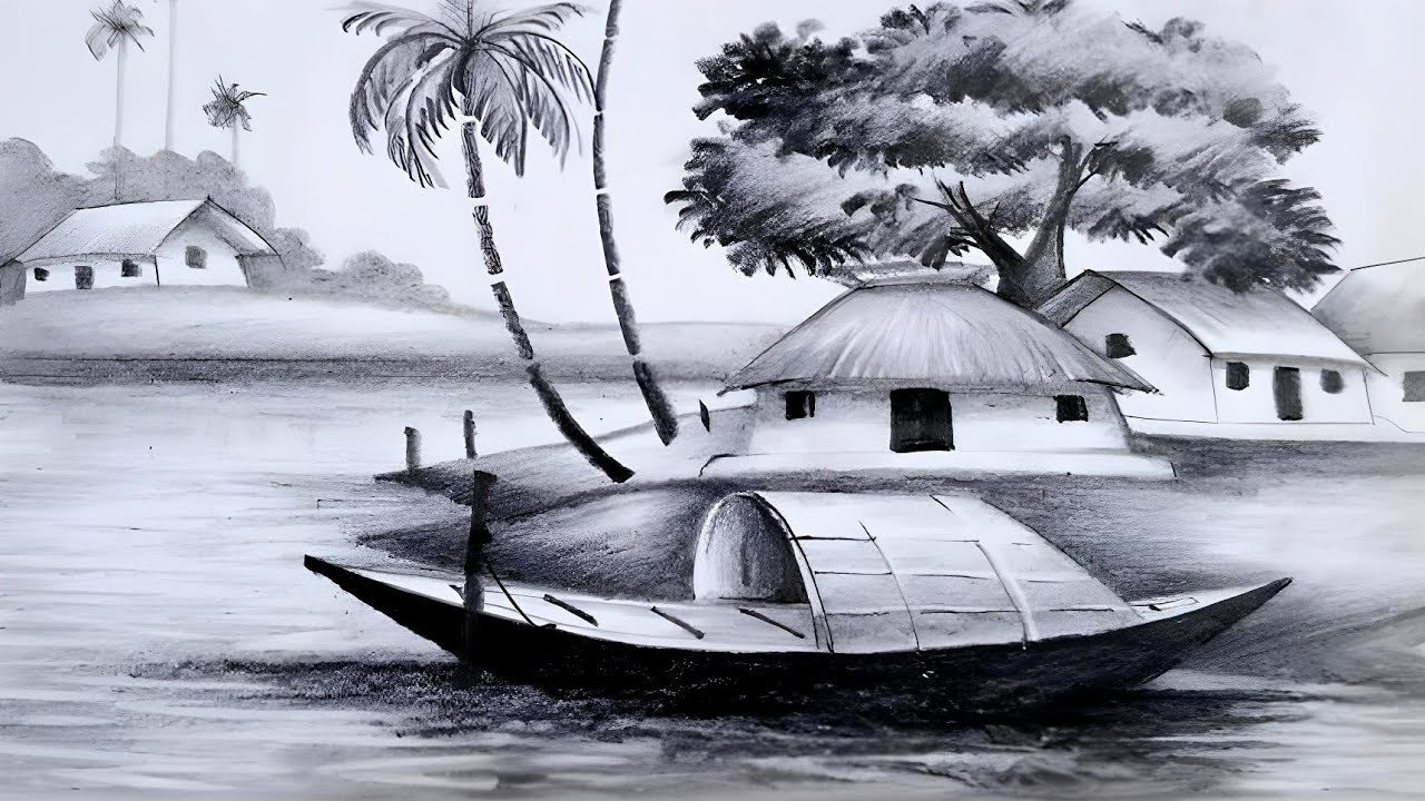 শরৎকালের দৃশ্য/গ্রামের দৃশ্য/ছবি আঁকা/দৃশ্য আঁকা/landscape drawing/village drawing pencil shading
