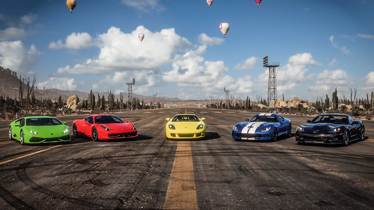 Forza Horizon 5 Drag race: Porsche Carrera GT vs Huracan vs 458 Italia vs Viper GTS vs Corvette ZR1
