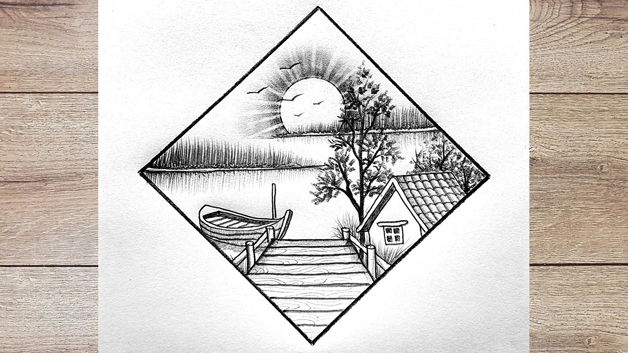 River sun landscape drawing using 2b pencil