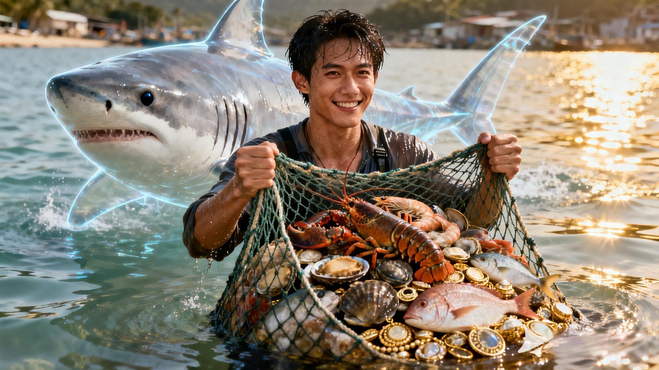 Guy gets bitten by a shark and gains a shark avatar, now he hauls up ocean treasures every day.