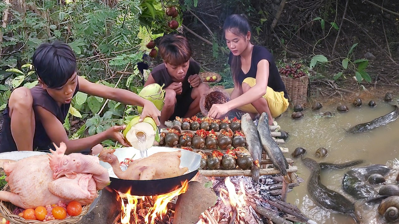 Catfish with snail in the rainforest for food of survival, Chicken soup tasty with Coconut water