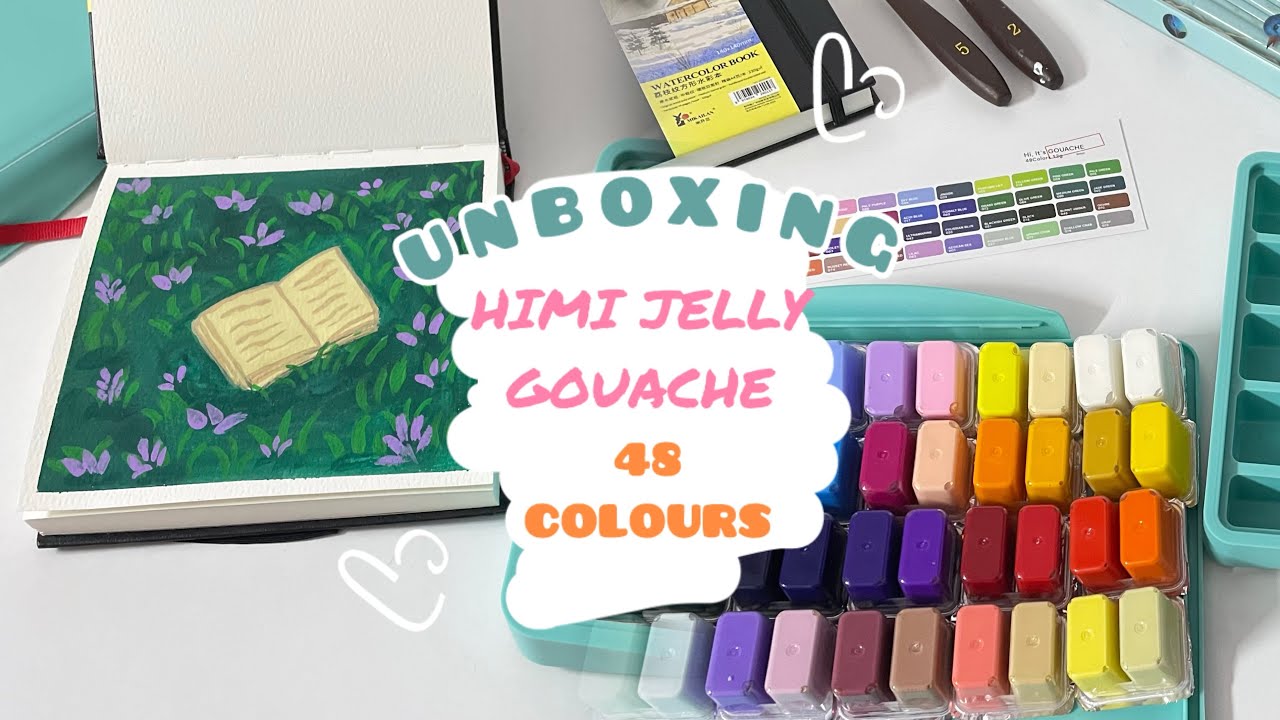 Himi jelly gouache colours -ASMR Unboxing | Simple painting | فتح ألوان هيمي جواش وتجربتهم