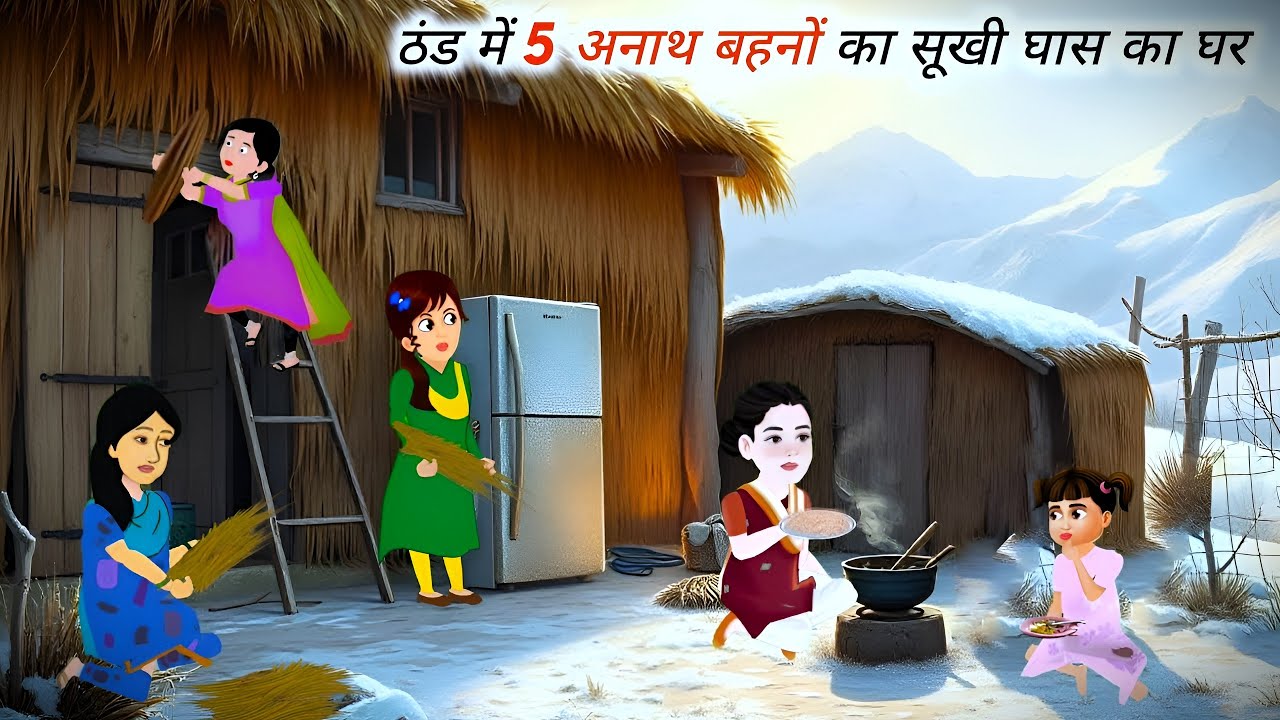 गरीब माँ की पाँच अनाथ बेटियाँ | Grass House of five orphan sisters in the cold | Cartoon Videos