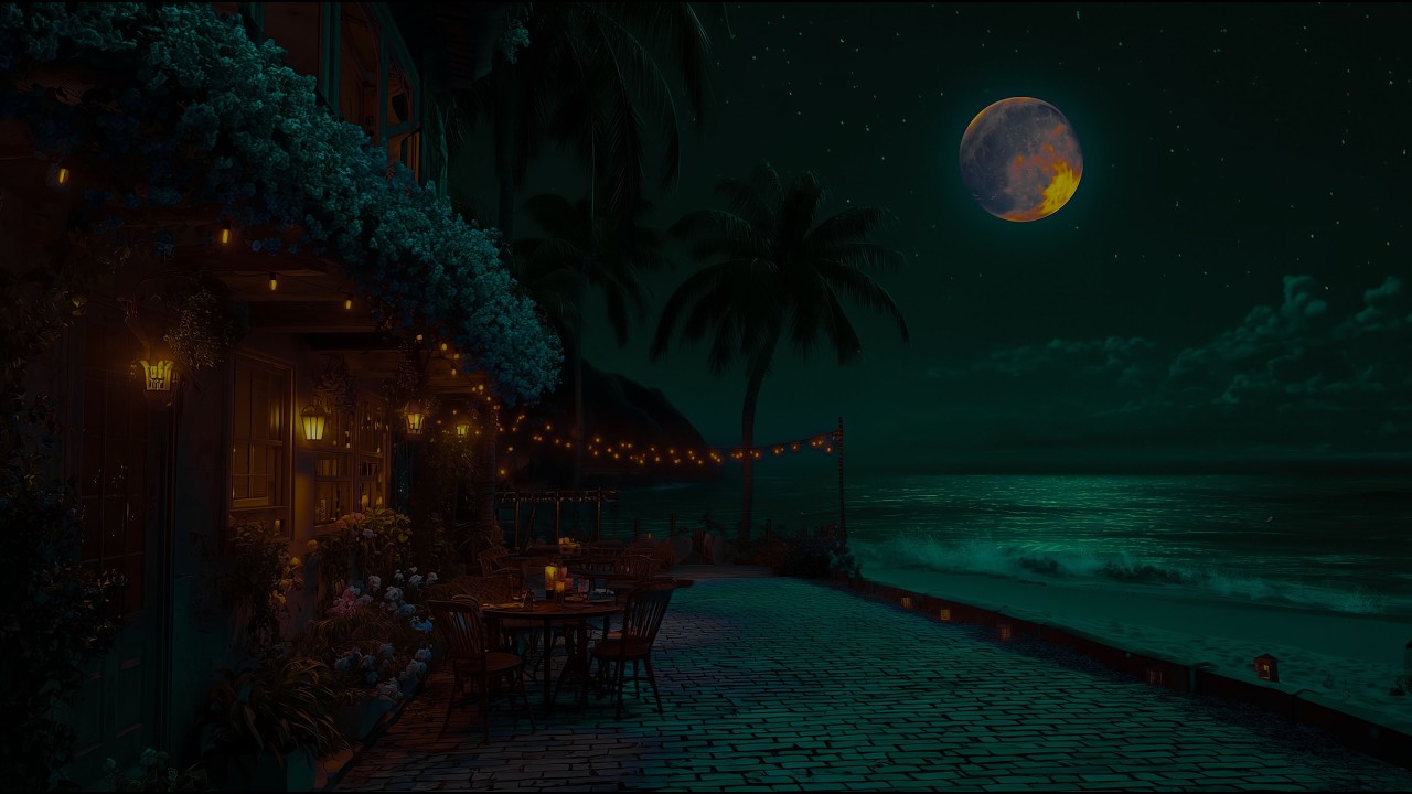 No Ads • Ocean Waves at a Moonlit Café 🌙 Healing Piano for Deep Sleep | 1 Hour