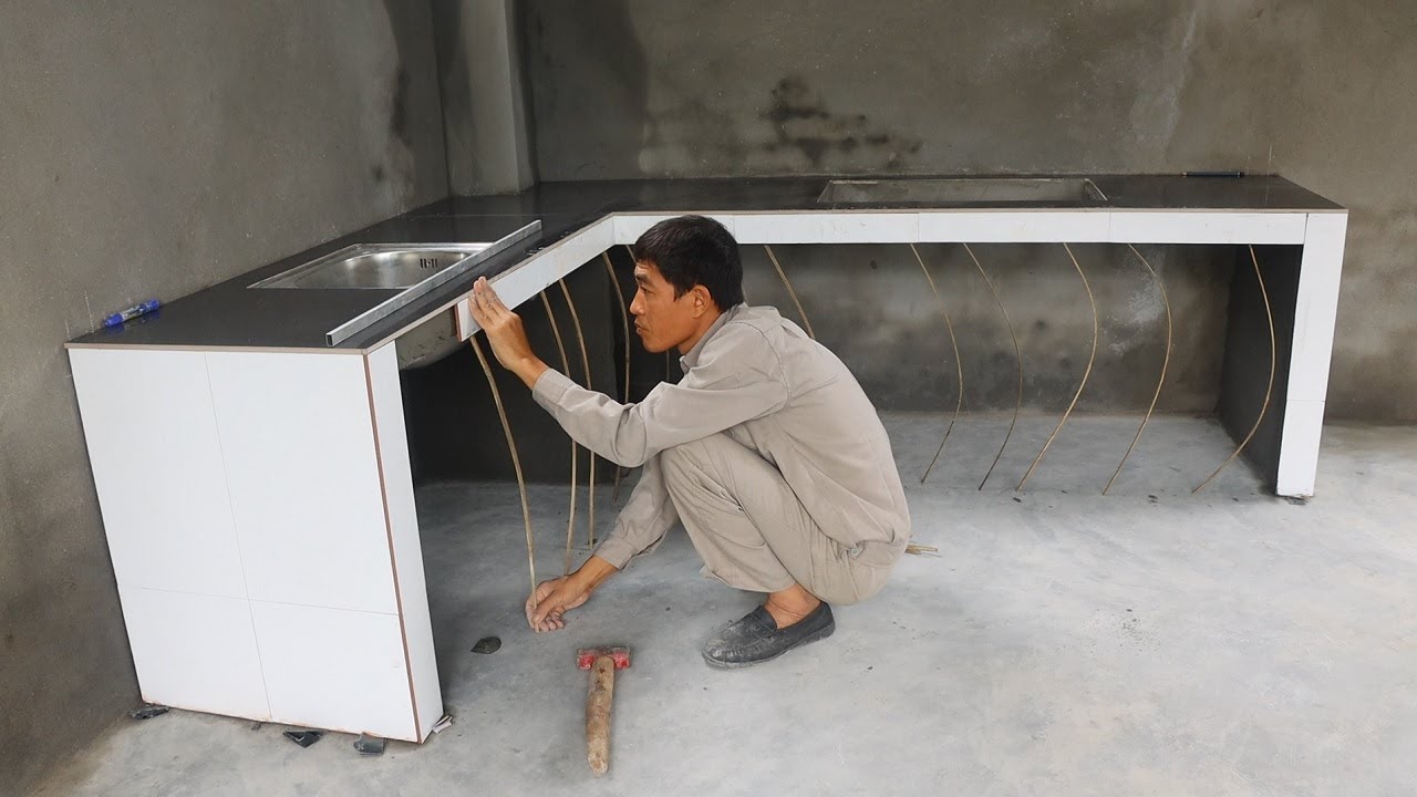 Construction Kitchen Cooking Family - Installation Kitchen Countertops With Ceramic Tiles