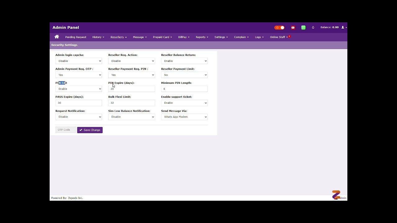 Security Settings - Admin Panel - SBS PLUS