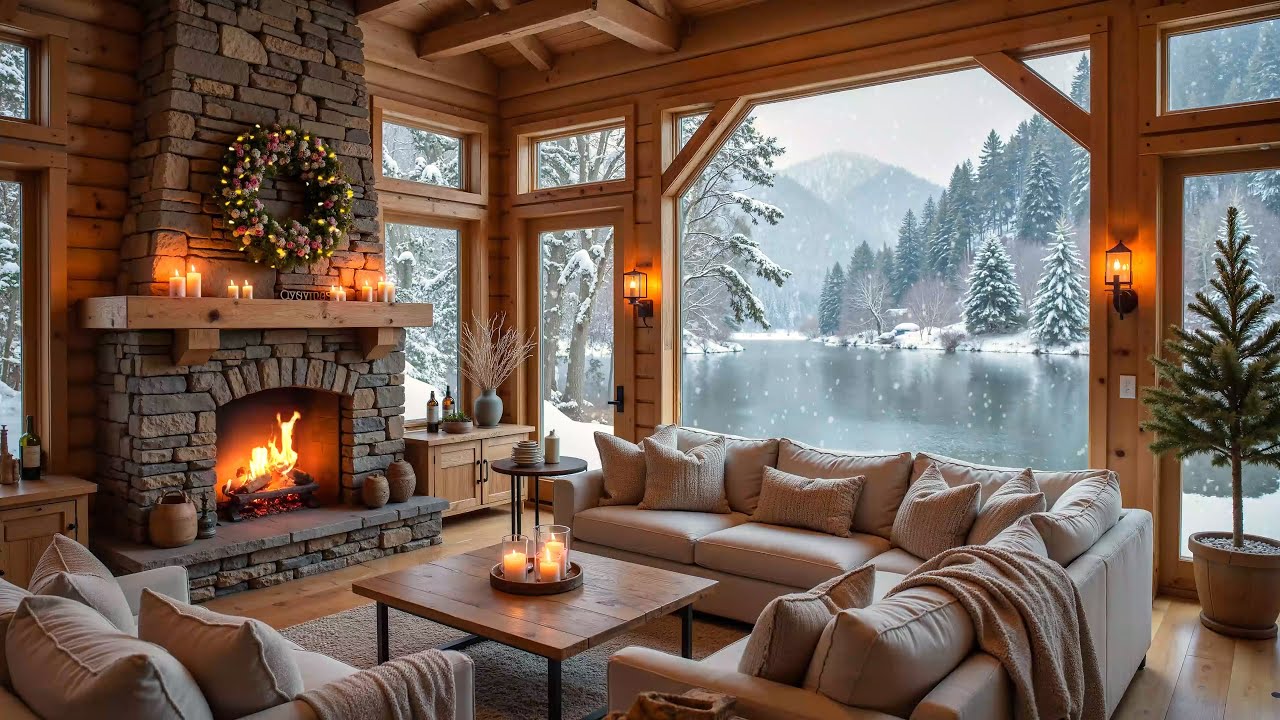 Cozy Fireside Cabin on a Snowy Day ❄️ Winter Piano Music with Crackling Fireplace for Relaxation