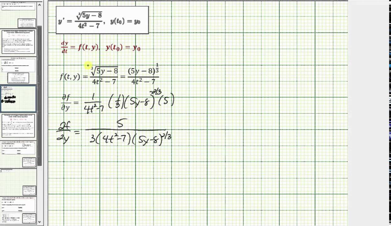 Find Values Excluded to Guarantee Existence and Uniqueness of Solution to a IVP - y'=f(t,y)