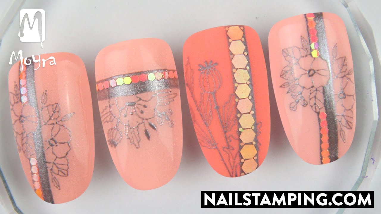 Floral stamping nail art with holo glitter mix (nailstamping.com)