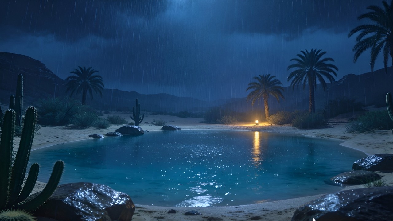 Calm Night Rain in the Desert Oasis | Sleep Ambience