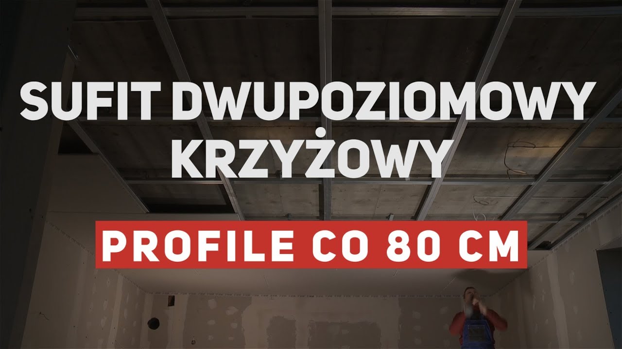 Sufit podwieszany dwupoziomowy na konstrukcji krzyżowej i większy rozstaw profili