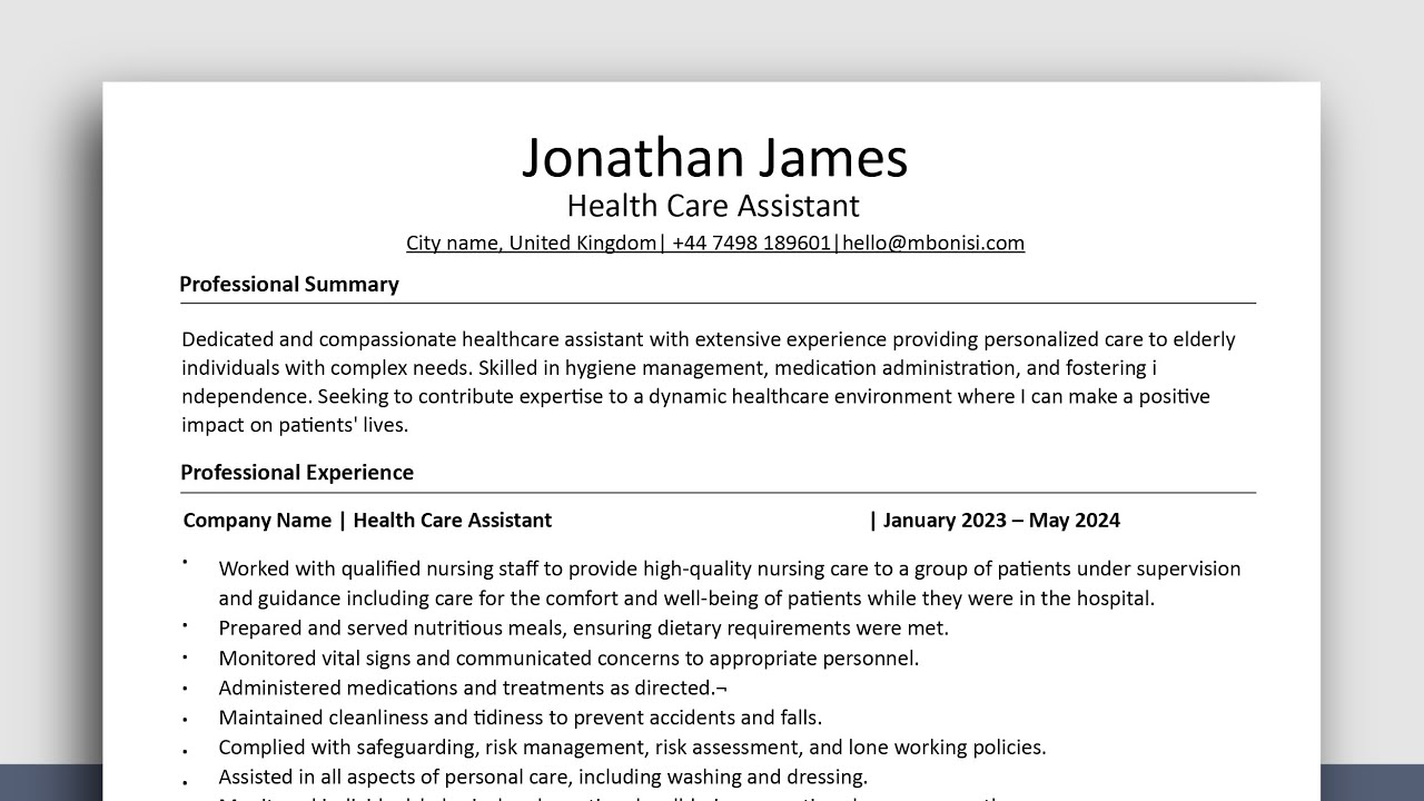 How to Write a CV - Health Care Support Worker CV UK + Resume Template, ATS CV