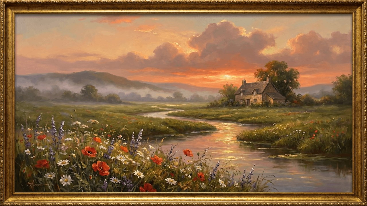 Classic Golden Hour Wildflower Meadow Painting | Gold Frame TV Art | Art Screensaver for TV | 1 Scen