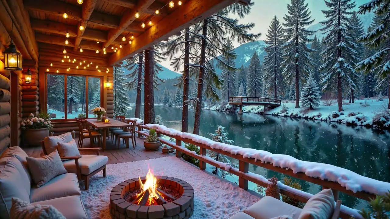 Cozy Winter Porch Ambience By The Riverside Porch ❄️ Relaxing Piano & Crackling Fireplace For Work