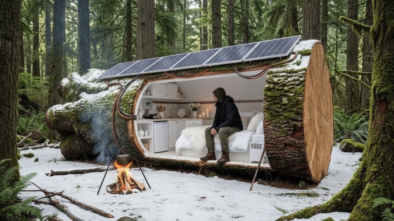 Building a House in the Winter Forest (ASMR) – Man Built a Mini House Inside a Tree