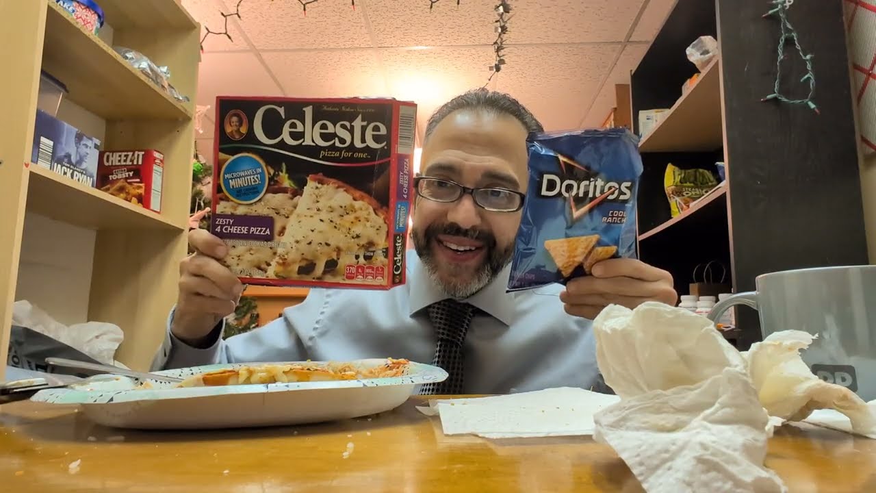 ASMR. Eating Celeste Pizza, Hash browns, And Mini Chicken Subs.