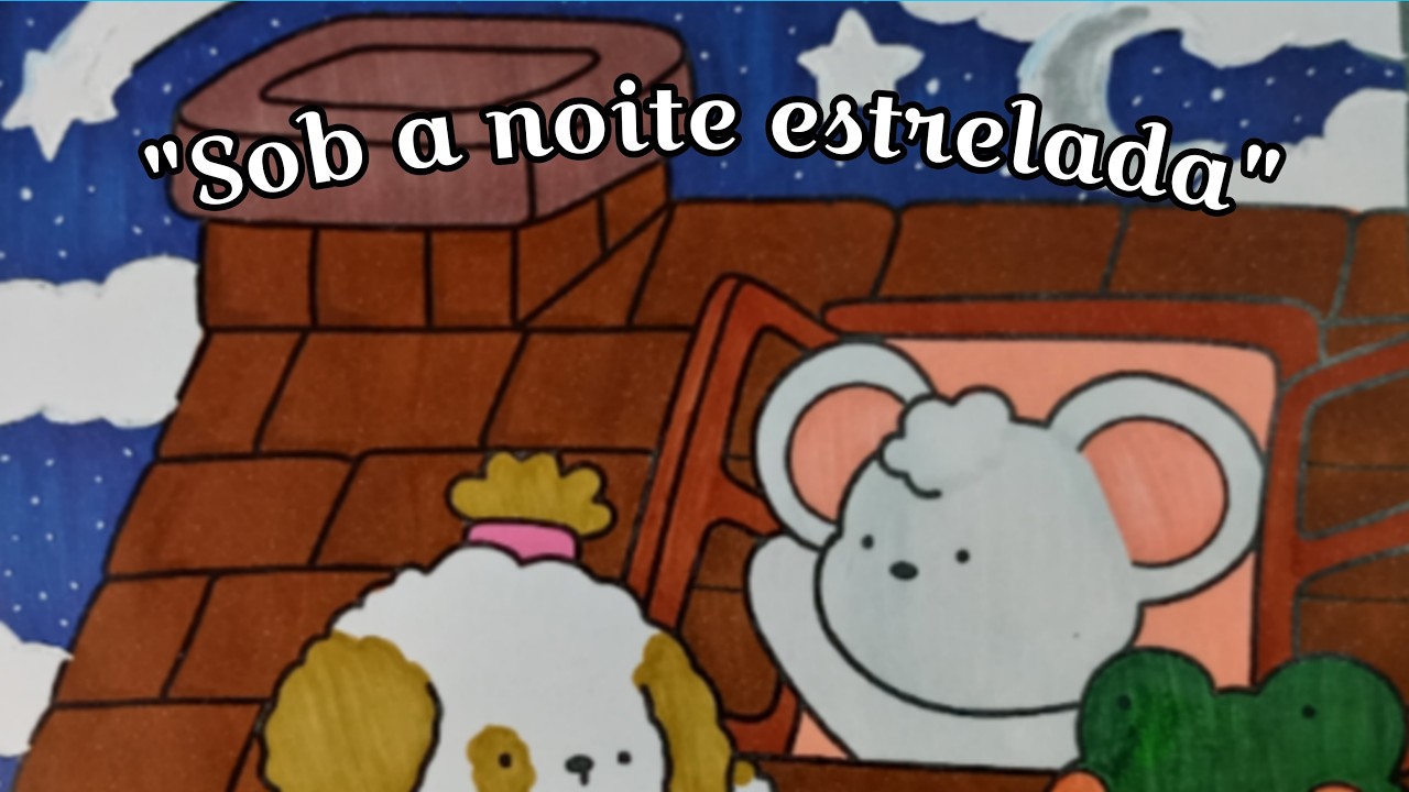 Olha Que Fofo! Colorindo uma Noite Estrelada no Telhado 🐭🐶#arterelaxante #colorindo  #coloringbook