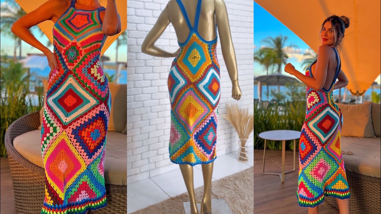 VESTIDO MÍDI LOSANGO COLORIDO DE CROCHÊ PASSO A  PASSO (parte 5)