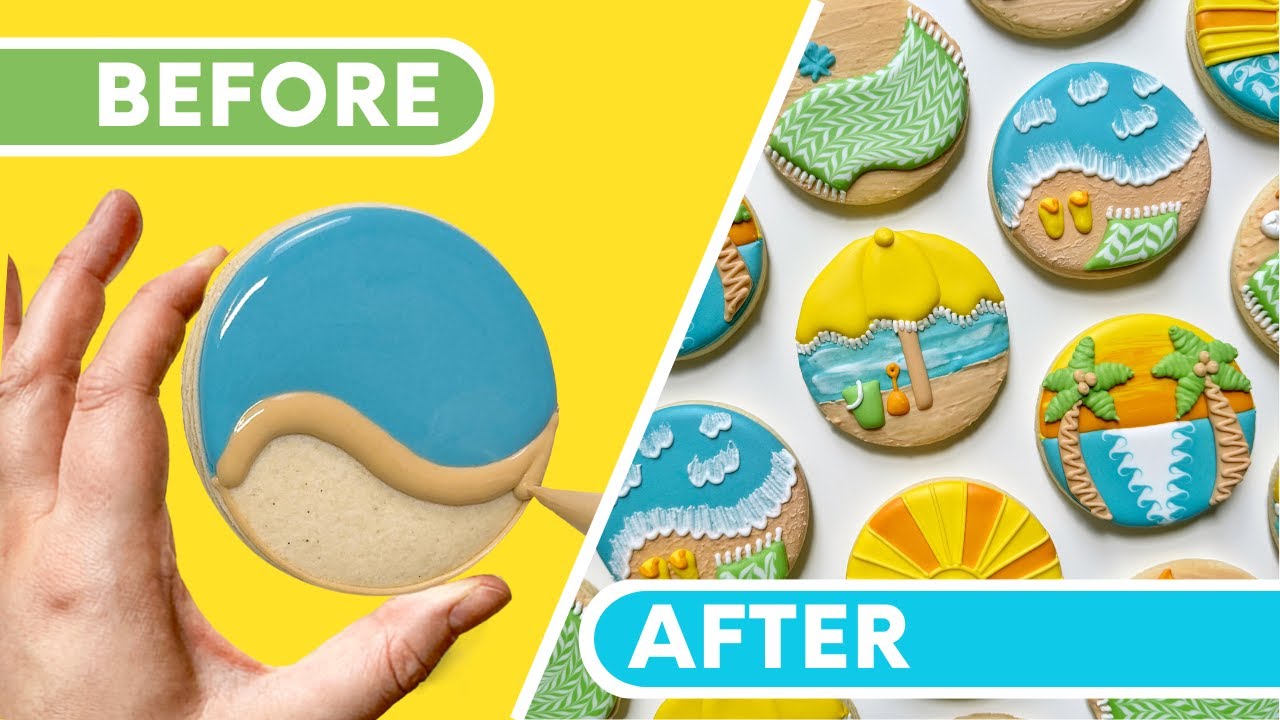 How to decorated 5 beach day cookies on a circle with royal icing