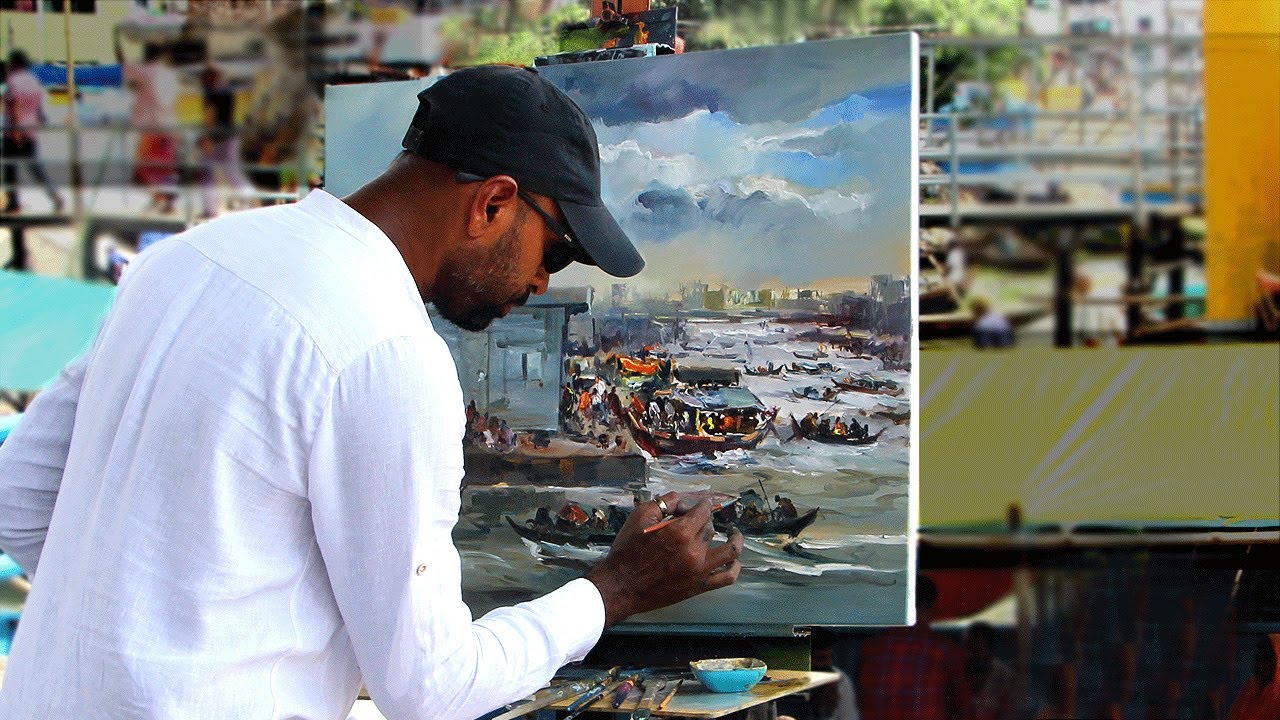 Plein Air Oil Color on Canvas | Outdoor Painting demo by Shahanoor Mamun | Dhaka Buriganga River