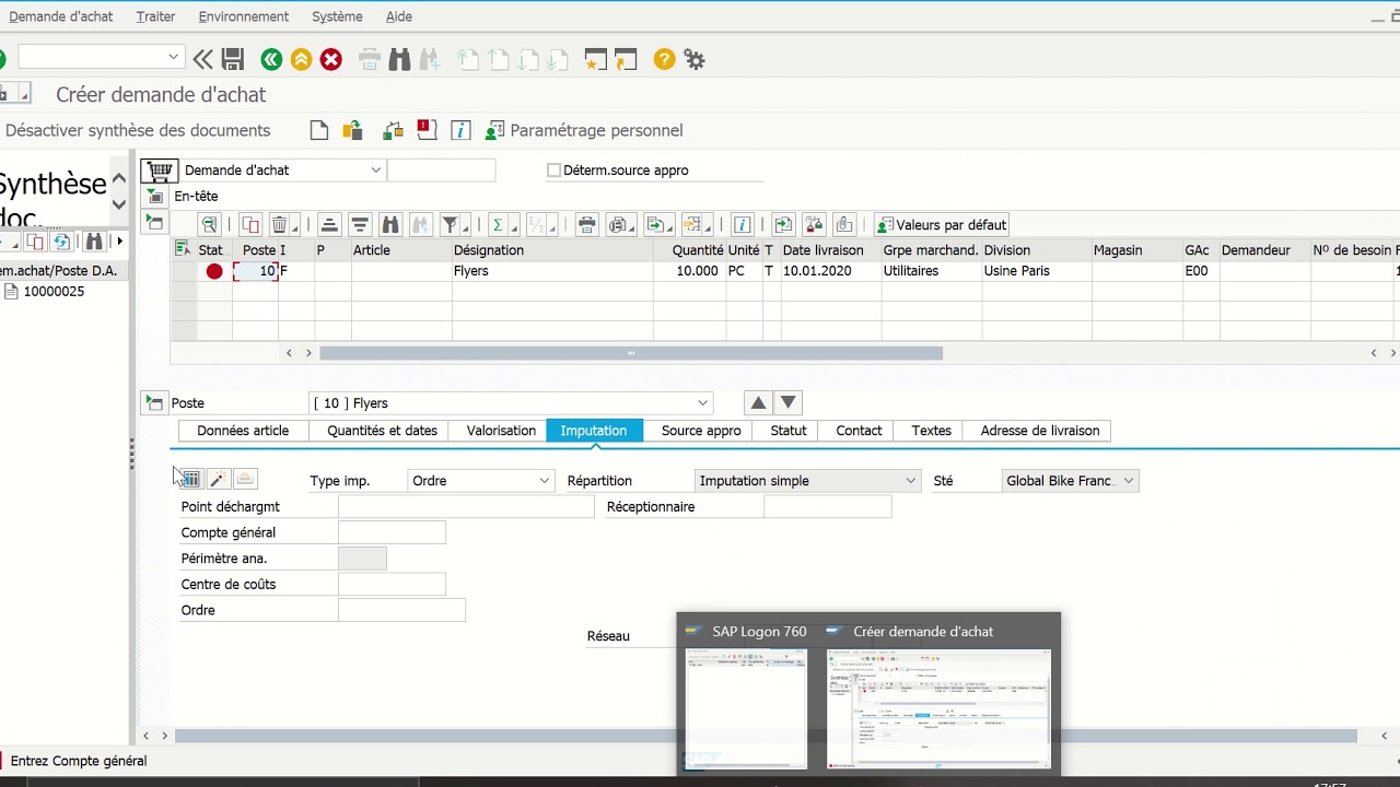 Transaction SAP ME51N - Création d'une demande d'achat