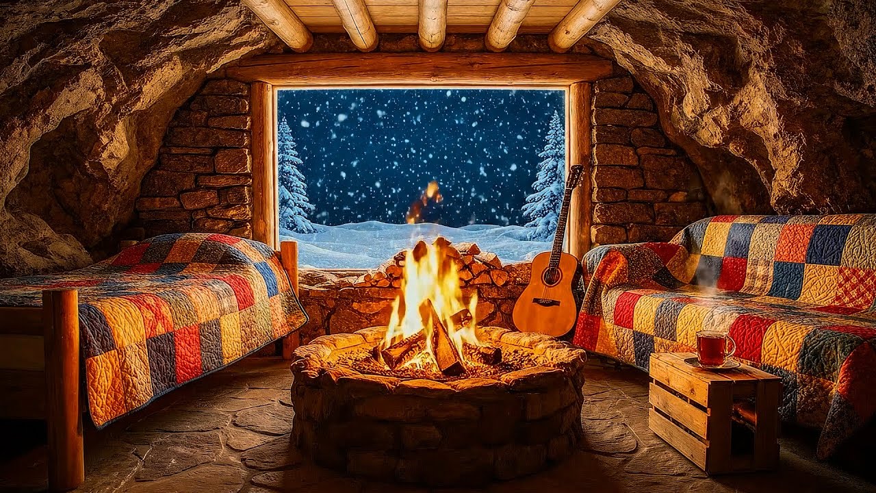 Survival Cozy Vibe Warm Cave Sanctuary ❄️ Intense Blizzard & Fireplace ASMR | Relaxing White Noise