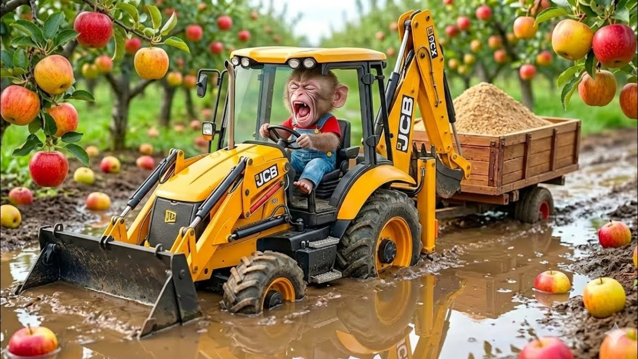 Monkey Nana the JCB Tractor Excavator and the Unexpected Road Repair After the Big Rain MONKEY LIFE.