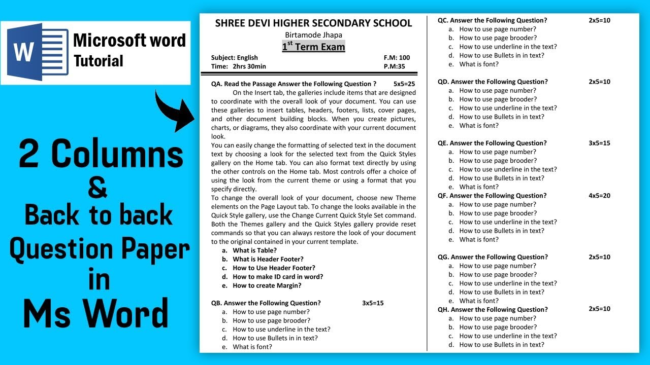 How to make Question Paper in Microsoft word || 2 Columns Question Paper make in ms word