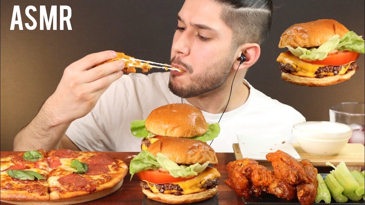 ASMR HAMBURGERS, PIZZA, BUFFALO HOT WINGS & CHEESE STICKS | MUKBANG *REAL EATING SOUNDS*